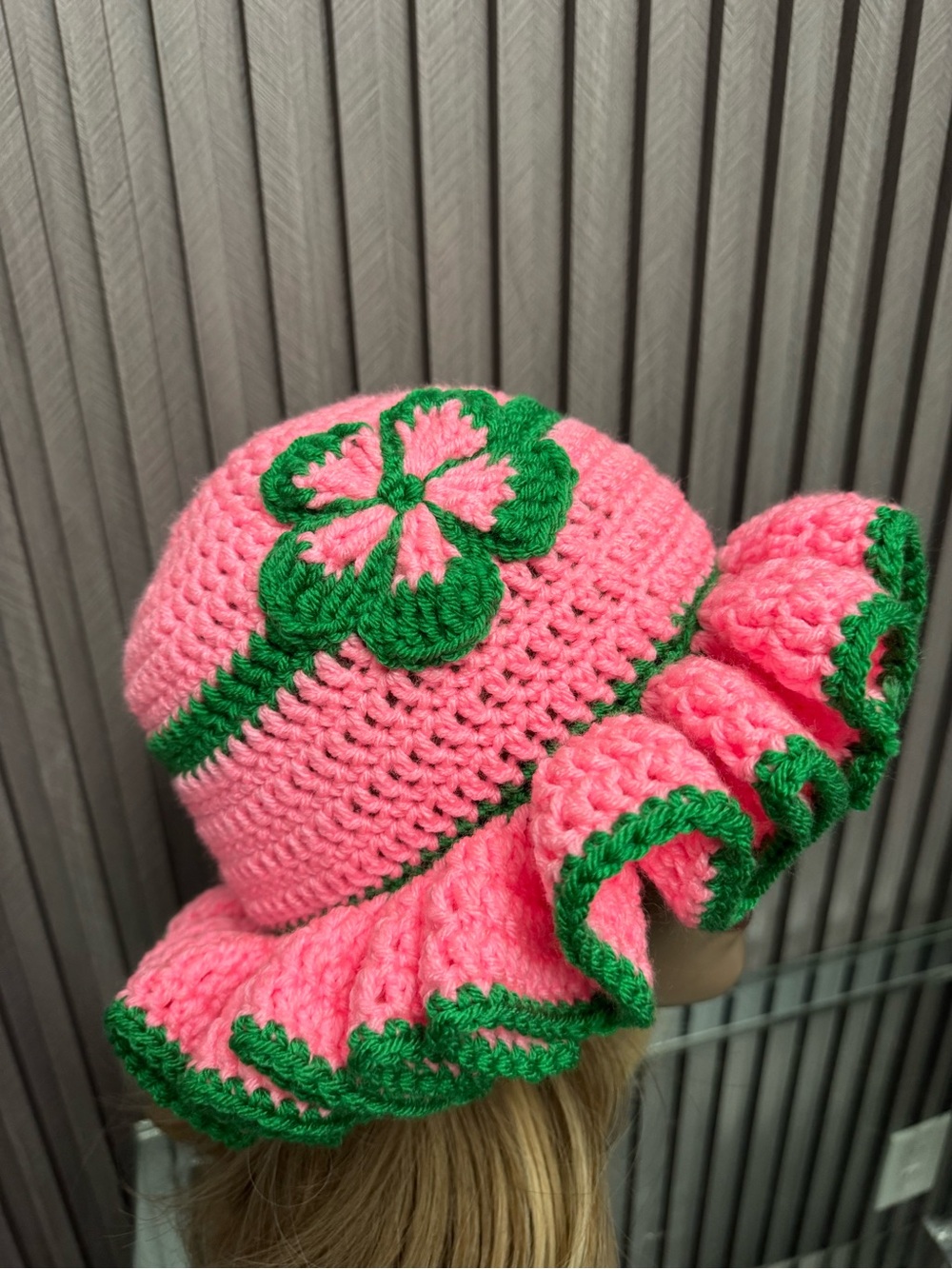 Crochet Pink and green ruffle Hat
